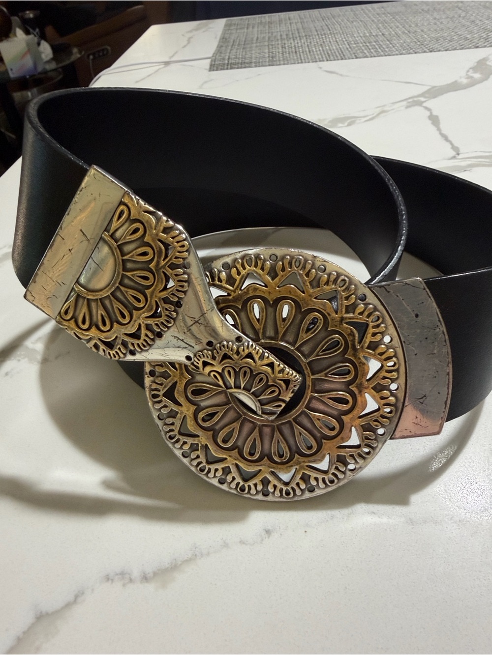 Black Leather Belt with Ornate Two-Tone Floral Buckle